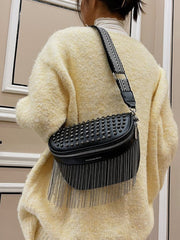 Sac Bandoulière Texturé à Franges et Clous pour Femme