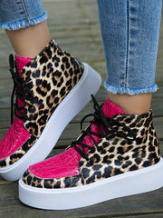 Chaussures Femme Hautes à Imprimé Léopard Plateforme à Lacets Casual