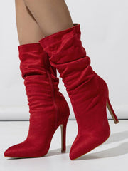 Bottes Mi-hautes à Talon Aiguille et Bout Pointu, Effet Plissé Naturel